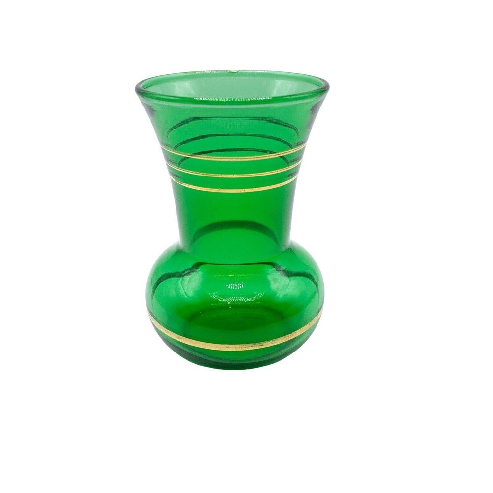 Vtg Anchor Hocking Forest Green Glass Flared Bud Vase Gold Bands Vanity 3.75"